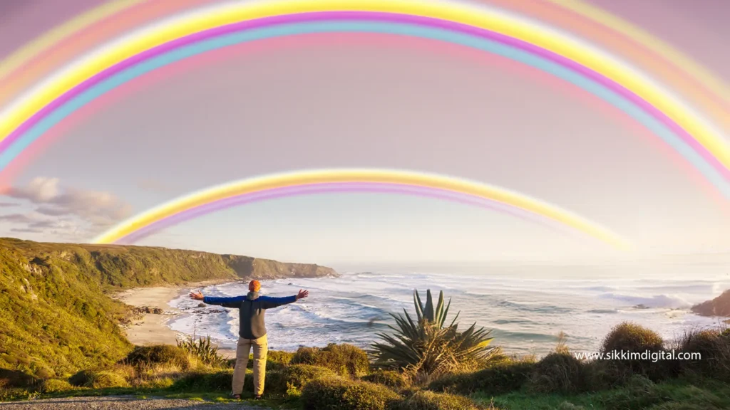 Person standing on a scenic coastal cliff with arms wide open, gazing at multiple vibrant rainbows in the sky, symbolizing hope, happiness, and unity, representing the auspicious dream of seeing a rainbow in Eastern philosophy.