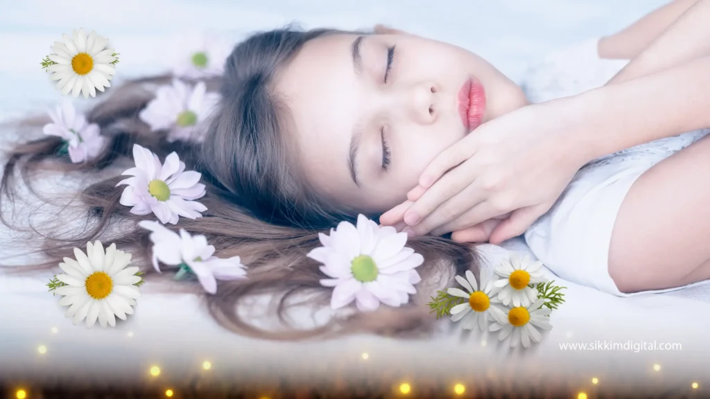 Young girl peacefully sleeping with daisies in her hair, surrounded by blooming flowers, symbolizing growth, beauty, and new opportunities, representing the auspicious dream of flowers blooming in Eastern philosophy.