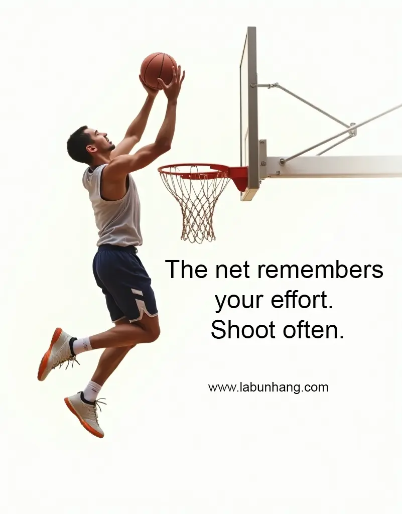 Action shot of a male basketball player in mid-air about to make a layup, accompanied by the motivational quote: “The net remembers your effort. Shoot often.” A clean, minimalist sports image encouraging persistence, practice, and confidence in performance.