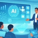 A dynamic and modern illustration of a person giving a high-tech AI presentation in a futuristic conference room. The digital screen behind them displays charts, neural networks, robot assistants, and icons representing AI fields like healthcare, education, business, and ethics. Audience members are engaged, with laptops and tablets, and there's a holographic projection showing AI-related data. Use a bright, clean, professional color palette with soft gradients and glowing highlights. Style: vector art with semi-realistic details.