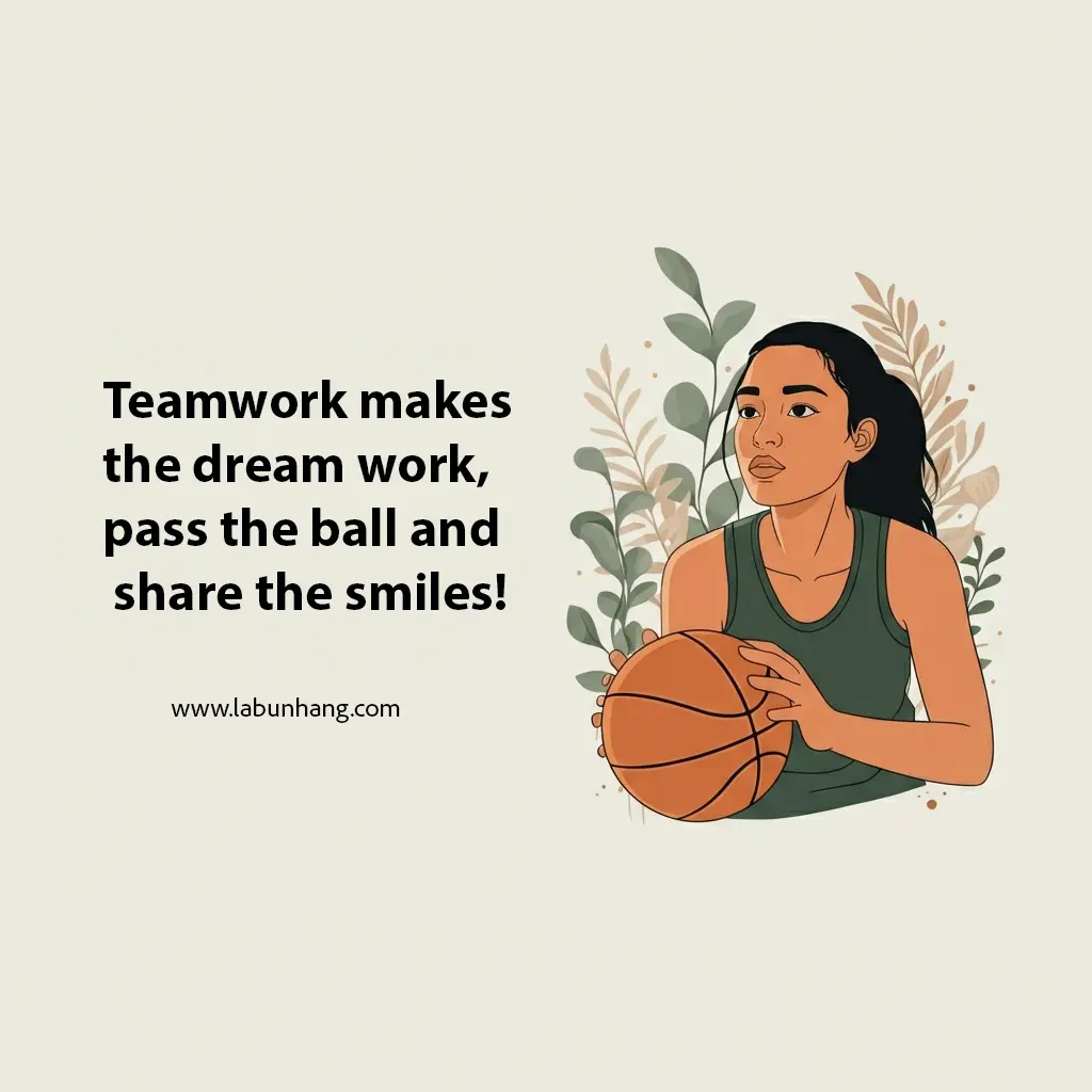 Illustration of a focused female basketball player holding a ball, paired with the motivational quote: “Teamwork makes the dream work, pass the ball and share the smiles!” Set against a soft beige background with leafy floral elements, the image promotes values of collaboration, positivity, and unity in sports.