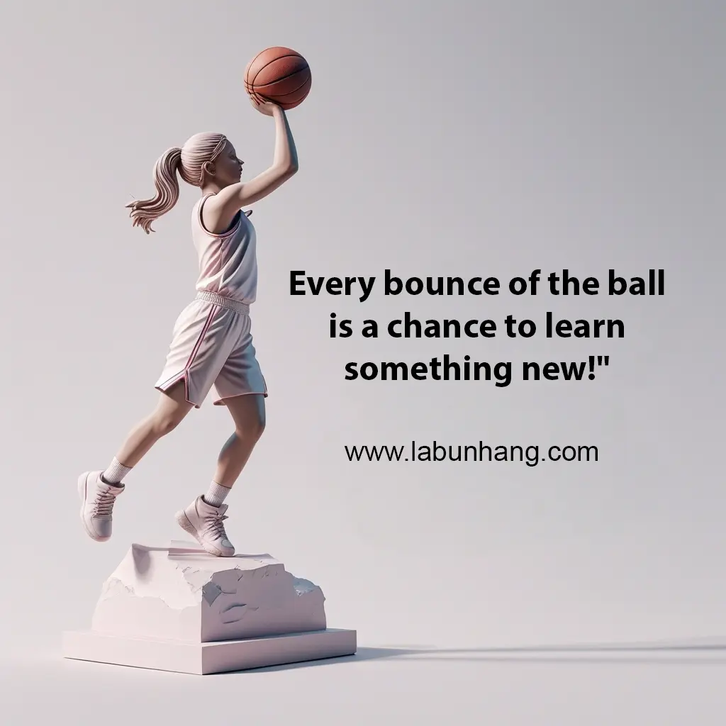 Minimalist 3D-style illustration of a young female basketball player in mid-air, poised to shoot while standing on a sculpted pedestal. The image includes the motivational quote: “Every bounce of the ball is a chance to learn something new!” Promotes growth mindset, youth sports development, and learning through basketball.