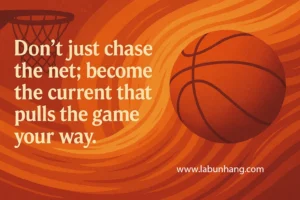 Inspirational basketball quote graphic with a bold message: “Don’t just chase the net; become the current that pulls the game your way.” The image features a dynamic basketball in motion with swirling orange patterns, a hoop in the background, and a motivational tone ideal for athletes, coaches, and sports enthusiasts.