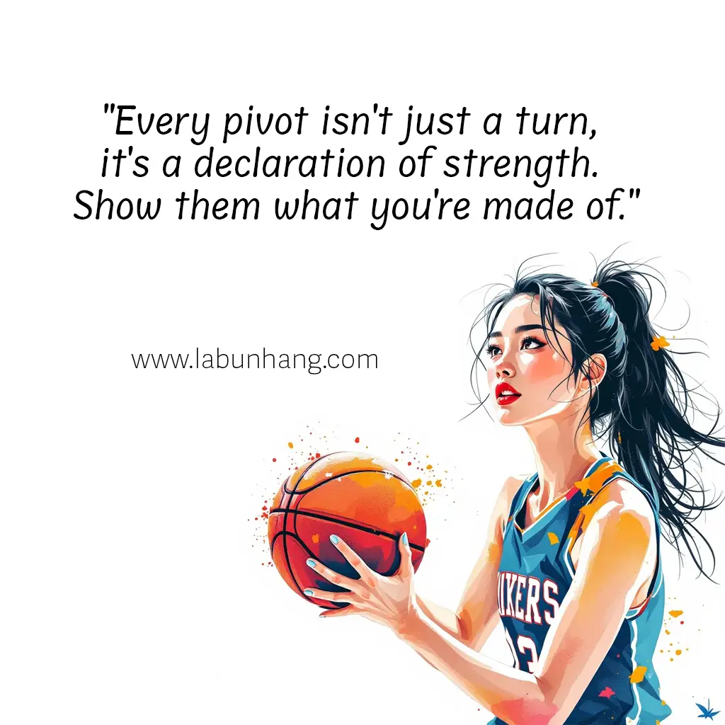 Empowering basketball quote image of a confident young woman in a Lakers jersey holding a basketball, paired with the quote: “Every pivot isn't just a turn, it's a declaration of strength. Show them what you're made of.” A vibrant, artistic sports illustration promoting female athlete empowerment and resilience.