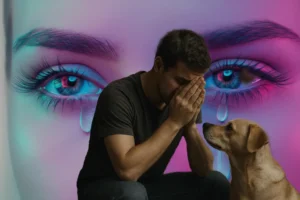 Emotional concept image portraying unhappiness—a man sitting in despair with his face in his hands, comforted by a loyal dog, set against a surreal background of large, crying eyes with digital tears. The visual powerfully symbolizes emotional pain, loneliness, and the silent struggle with unhappiness.
