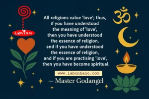 An illustrative graphic featuring symbols of various religions (Om, crescent moon, lotus flower, diya lamp) alongside a heart-shaped plant and the Lovism logo. The central quote by Master Godangel states: "All religions value ‘love’; thus, if you have understood the meaning of ‘love’, then you have understood the essence of religion, and if you have understood the essence of religion, and if you are practising ‘love’, then you have become spiritual." This image emphasizes universal love, religious unity, and spirituality.