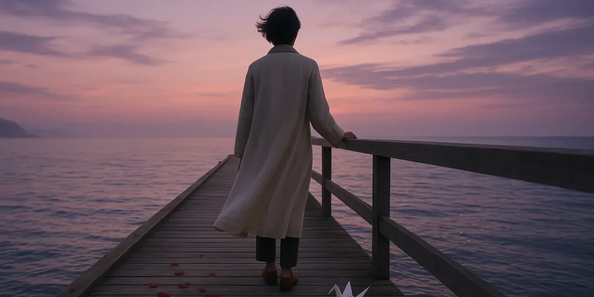 Person standing alone on wooden pier at sunset contemplating breakup quotes and moving forward after relationship ending