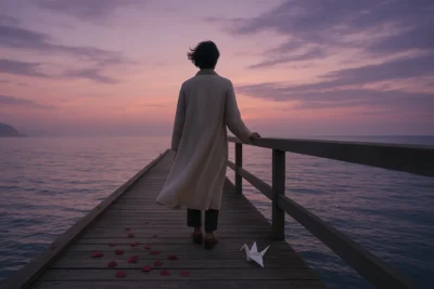 Person standing alone on wooden pier at sunset contemplating breakup quotes and moving forward after relationship ending