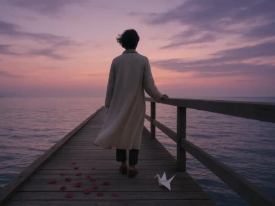 Person standing alone on wooden pier at sunset contemplating breakup quotes and moving forward after relationship ending