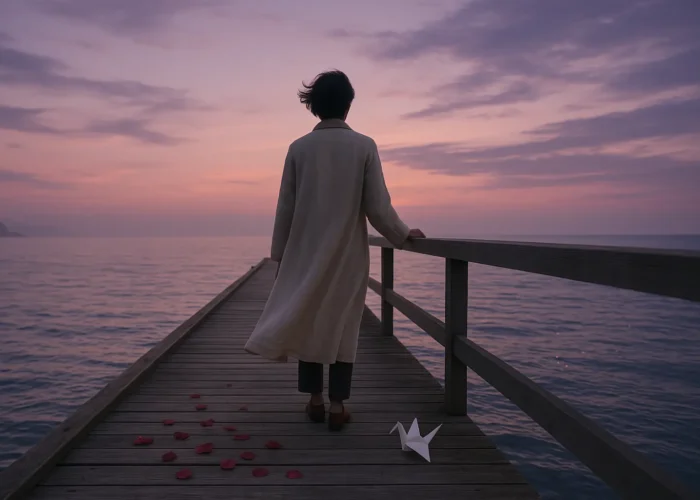 Person standing alone on wooden pier at sunset contemplating breakup quotes and moving forward after relationship ending