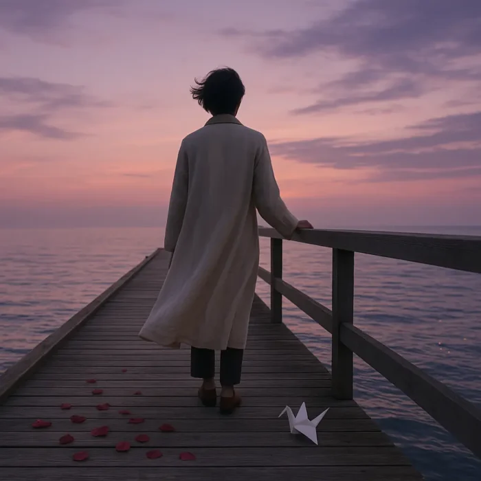 Person standing alone on wooden pier at sunset contemplating breakup quotes and moving forward after relationship ending