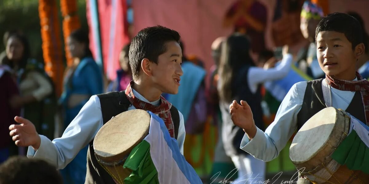 Boys from the Tsong (Limboo/Limbu) community of Sikkim performing the traditional K Lang Chyabrung Dance with drums during a cultural celebration.