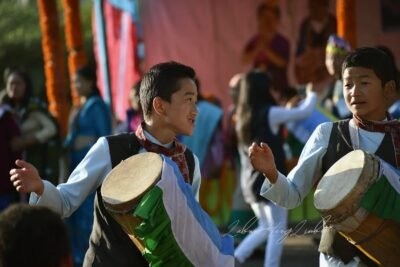 Boys from the Tsong (Limboo/Limbu) community of Sikkim performing the traditional K Lang Chyabrung Dance with drums during a cultural celebration.