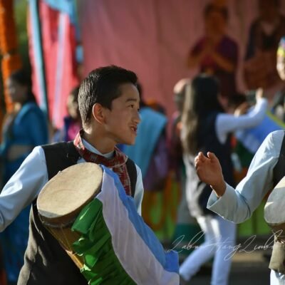 Boys from the Tsong (Limboo/Limbu) community of Sikkim performing the traditional K Lang Chyabrung Dance with drums during a cultural celebration.