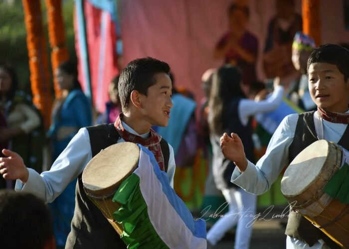 Boys from the Tsong (Limboo/Limbu) community of Sikkim performing the traditional K Lang Chyabrung Dance with drums during a cultural celebration.