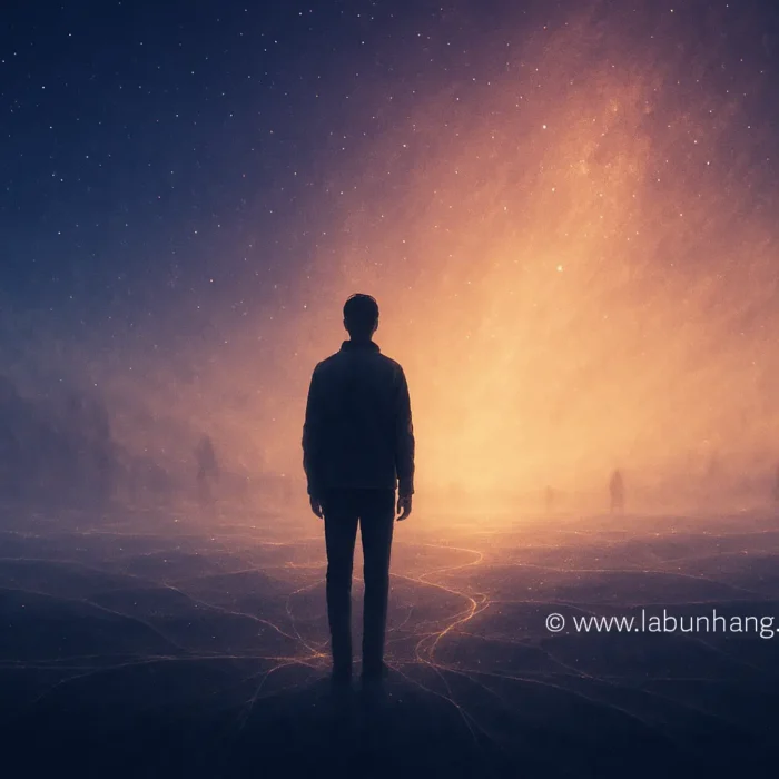 A solitary figure standing under a vast night sky illuminated by soft golden light, symbolizing loneliness and isolation transforming into strength and hope — original loneliness quotes blog featured image.