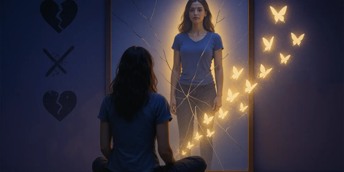 A woman sits before a cracked mirror glowing with golden butterflies, symbolizing healing, self-reflection, and resilience — an artistic visual for motivational quotes about overcoming failure and rediscovering inner strength.