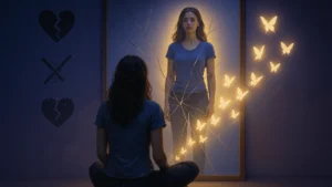 A woman sits before a cracked mirror glowing with golden butterflies, symbolizing healing, self-reflection, and resilience — an artistic visual for motivational quotes about overcoming failure and rediscovering inner strength.