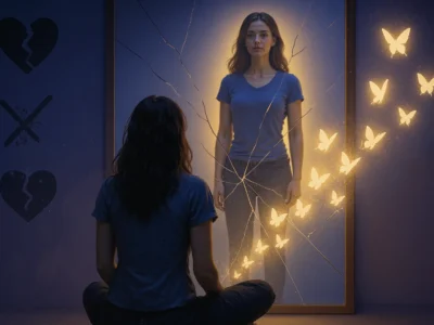 A woman sits before a cracked mirror glowing with golden butterflies, symbolizing healing, self-reflection, and resilience — an artistic visual for motivational quotes about overcoming failure and rediscovering inner strength.