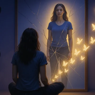 A woman sits before a cracked mirror glowing with golden butterflies, symbolizing healing, self-reflection, and resilience — an artistic visual for motivational quotes about overcoming failure and rediscovering inner strength.