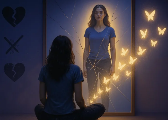 A woman sits before a cracked mirror glowing with golden butterflies, symbolizing healing, self-reflection, and resilience — an artistic visual for motivational quotes about overcoming failure and rediscovering inner strength.
