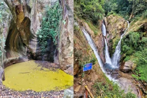 Sigey Pokthang Pokwa hidden waterfall and natural rock pool surrounded by forest, a peaceful Yuksom Sightseeing spot in West Sikkim.