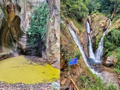 Sigey Pokthang Pokwa hidden waterfall and natural rock pool surrounded by forest, a peaceful Yuksom Sightseeing spot in West Sikkim.