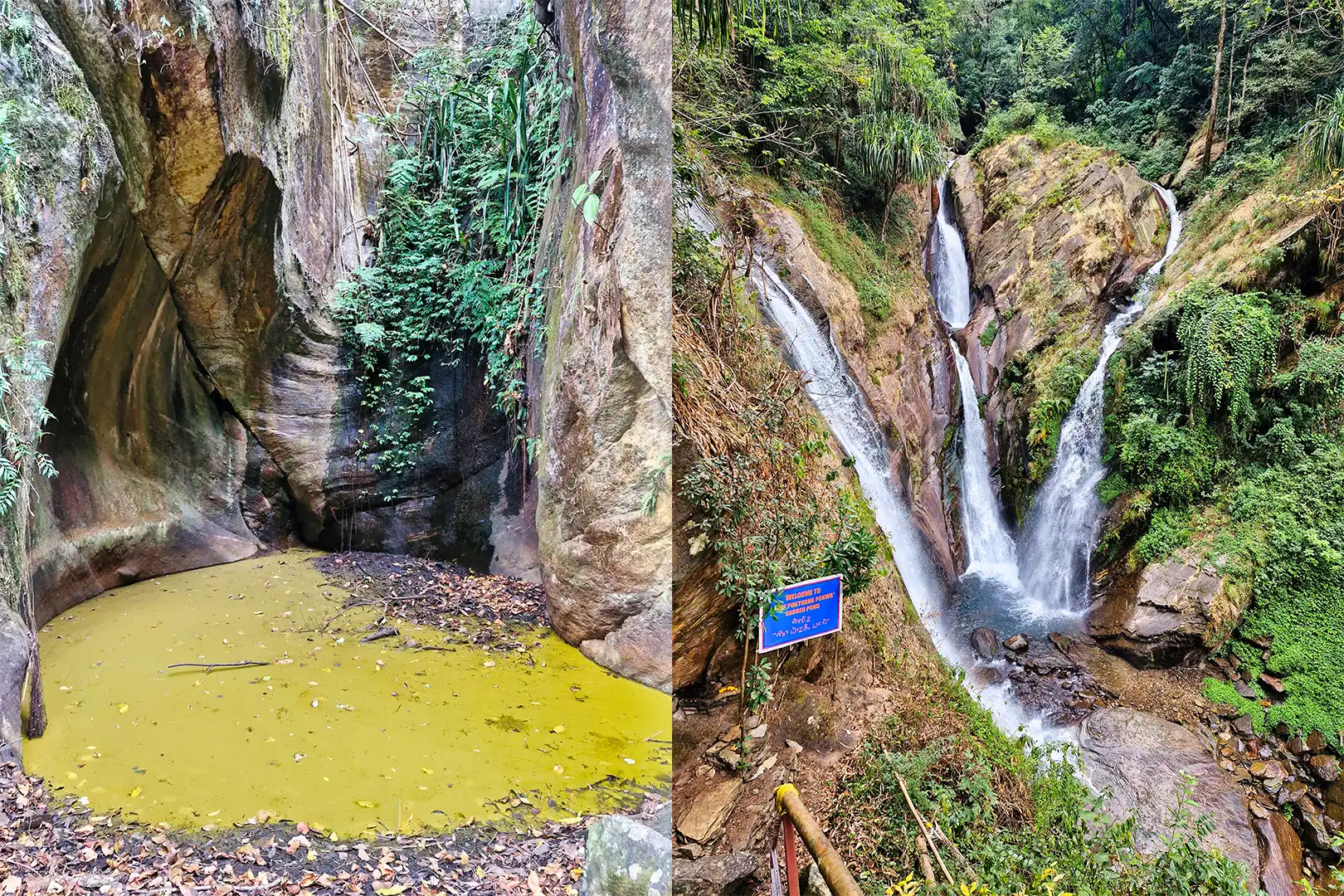 Sigey Pokthang Pokwa hidden waterfall and natural rock pool surrounded by forest, a peaceful Yuksom Sightseeing spot in West Sikkim.