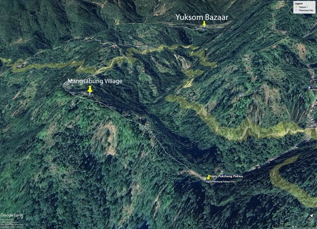 Terrain map showing the trekking route from Yuksom Bazaar to Mangsabung Village and down to the sacred Sigey Pokthang Pokwa site in West Sikkim, highlighting the forested valleys, steep cliffs, and river confluence.