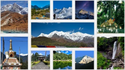 Yuksom sightseeing highlights - Kanchenjunga peaks, Norbugang Coronation Throne, Kathok Lake, Dubdi Monastery, trekking viewpoints, and waterfalls in West Sikkim