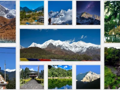 Yuksom sightseeing highlights - Kanchenjunga peaks, Norbugang Coronation Throne, Kathok Lake, Dubdi Monastery, trekking viewpoints, and waterfalls in West Sikkim