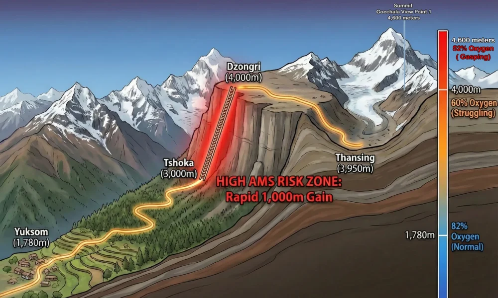 Illustration showing Goechala trek difficulty with altitude profile from Yuksom to Goechala View Point 1, including rapid 1,000 meter ascent to Dzongri, high AMS risk zone, and oxygen level reduction at higher elevations.
