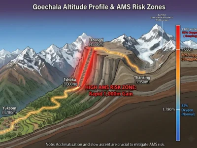 Illustration showing Goechala trek difficulty with altitude profile from Yuksom to Goechala View Point 1, including rapid 1,000 meter ascent to Dzongri, high AMS risk zone, and oxygen level reduction at higher elevations.