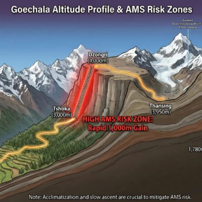 Illustration showing Goechala trek difficulty with altitude profile from Yuksom to Goechala View Point 1, including rapid 1,000 meter ascent to Dzongri, high AMS risk zone, and oxygen level reduction at higher elevations.