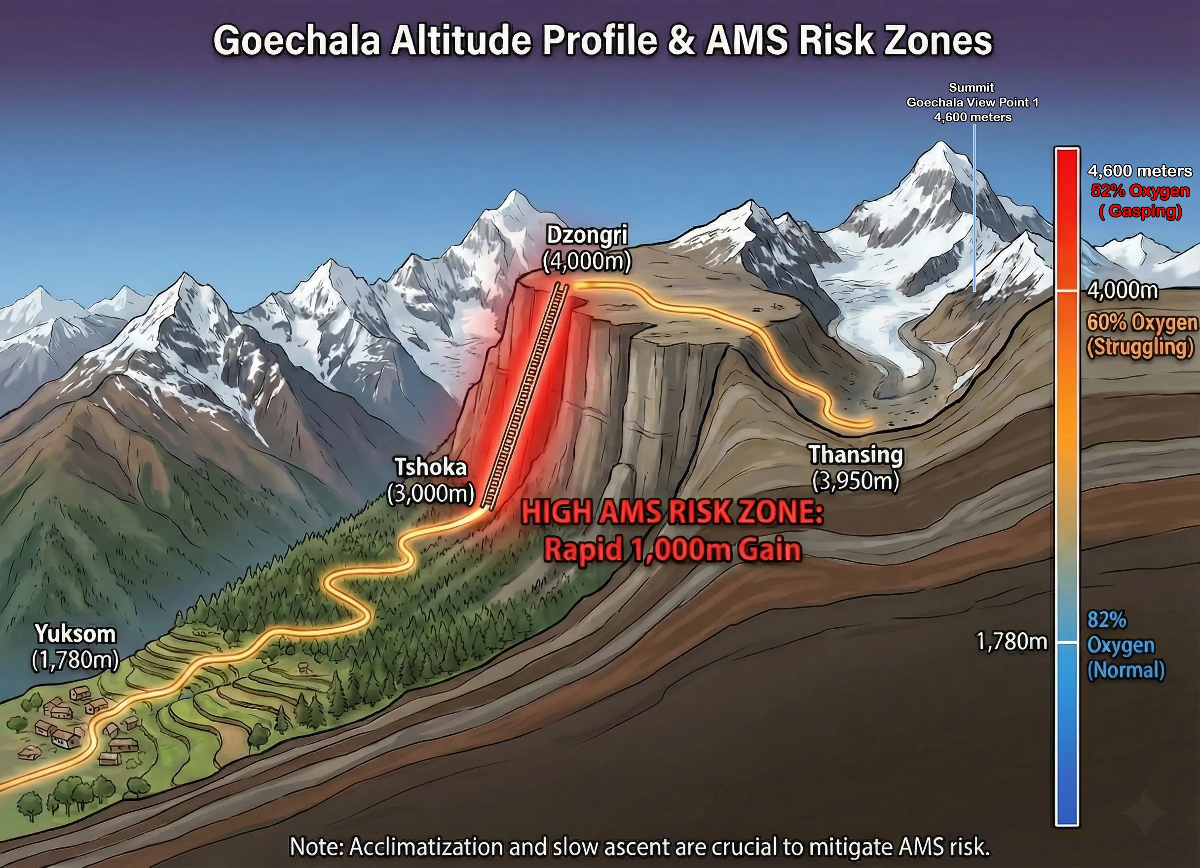 Illustration showing Goechala trek difficulty with altitude profile from Yuksom to Goechala View Point 1, including rapid 1,000 meter ascent to Dzongri, high AMS risk zone, and oxygen level reduction at higher elevations.