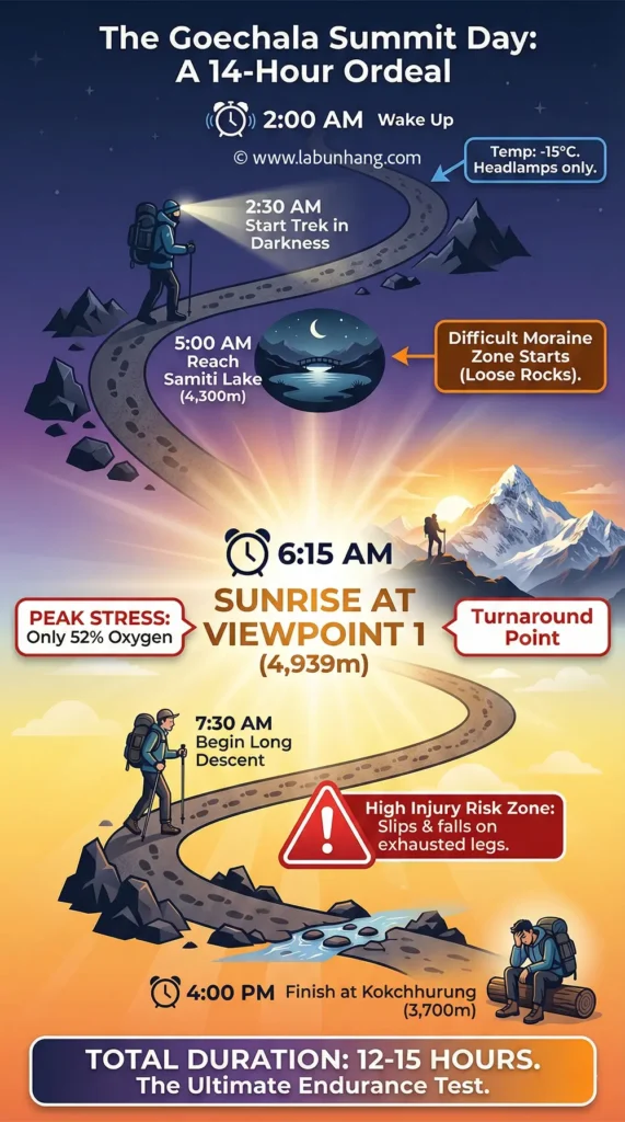 A vertical timeline infographic illustrating Goechala Trek Difficulty on summit day, detailing a 14-hour schedule from the 2:00 AM wake-up to the 4:00 PM finish at Kokchhurung.