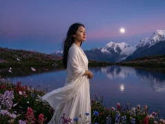 A woman in white stands by a moonlit Himalayan lake among wildflowers, evoking reflection on the meaning of life.