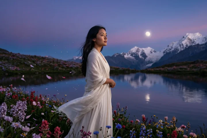 A woman in white stands by a moonlit Himalayan lake among wildflowers, evoking reflection on the meaning of life.