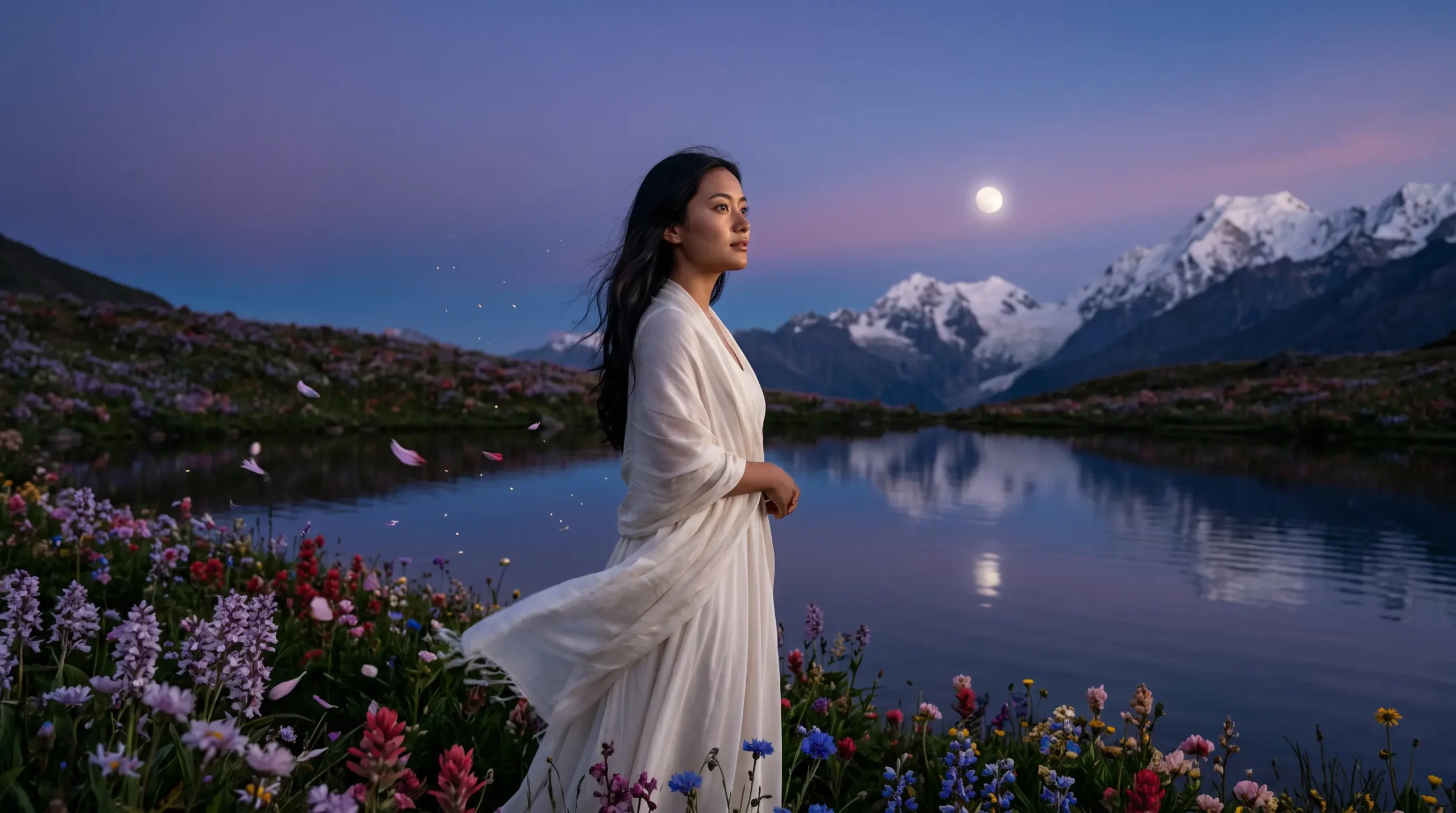 A woman in white stands by a moonlit Himalayan lake among wildflowers, evoking reflection on the meaning of life.